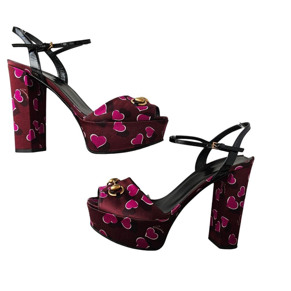 Gucci Claudie Horsebit Platform Block Heel Sandal Size 41 US 11 Pink Heart - Picture 5 of 8